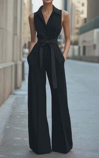 Sophisticated women's belted wide-leg jumpsuit, suitable for formal events, office attire, or special occasions.