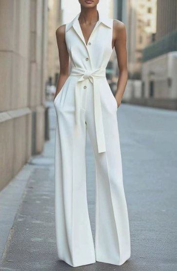 Elegant women's sleeveless jumpsuit with a flowy wide-leg and cinched belted waist, perfect for formal events.