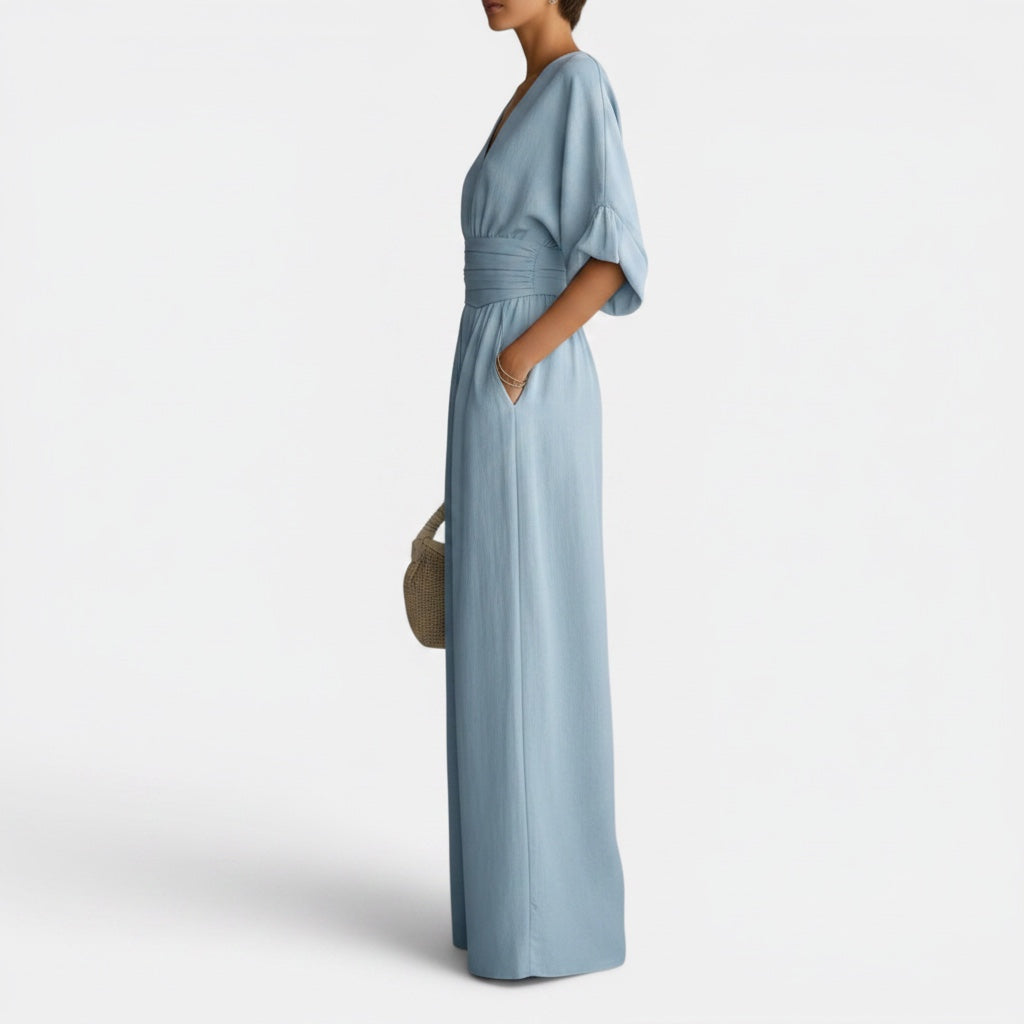 Unique women's elegant wide leg jumpsuit dress, offering the chic look of a dress with jumpsuit comfort.