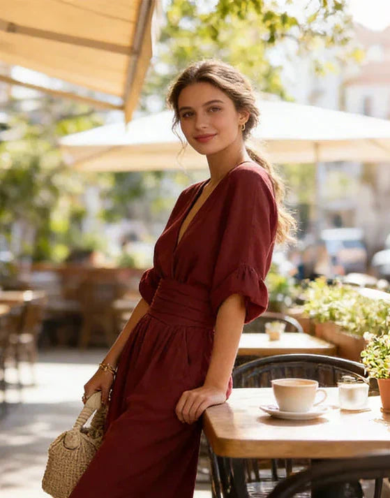 Stylish women's wrap-style wide-leg jumpsuit, versatile for both casual and evening events.