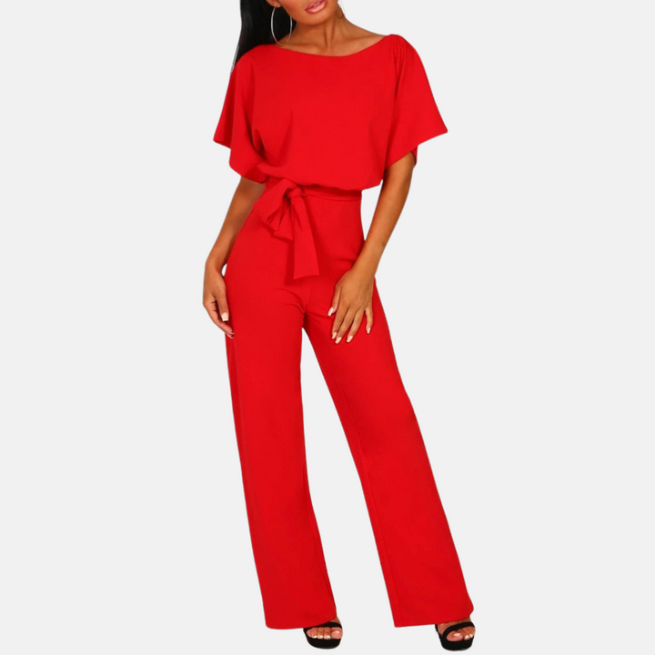 Chic women's wide-leg summer jumpsuit, comfortable & stylish. Features short sleeves and a flattering high-waist.