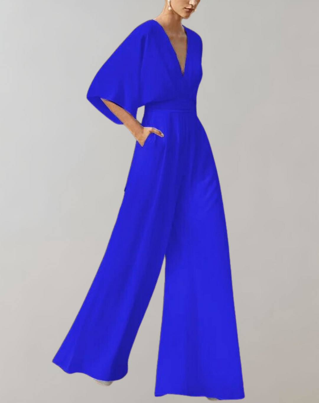 Elegant women's V-neck wide leg jumpsuit, perfect formal party or special event occasion wear.