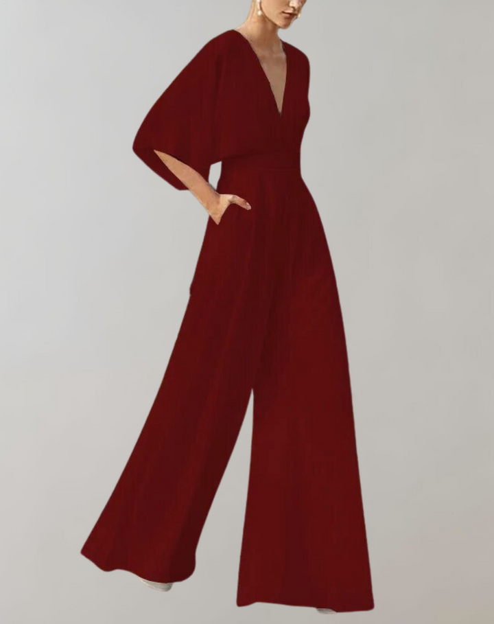 Women's V-neck wide leg jumpsuit for formal occasions and evening parties. Elegant and stylish.