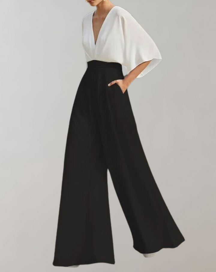 Fashionable women's wide leg V-neck jumpsuit, a comfortable and elegant choice for formal evening wear.