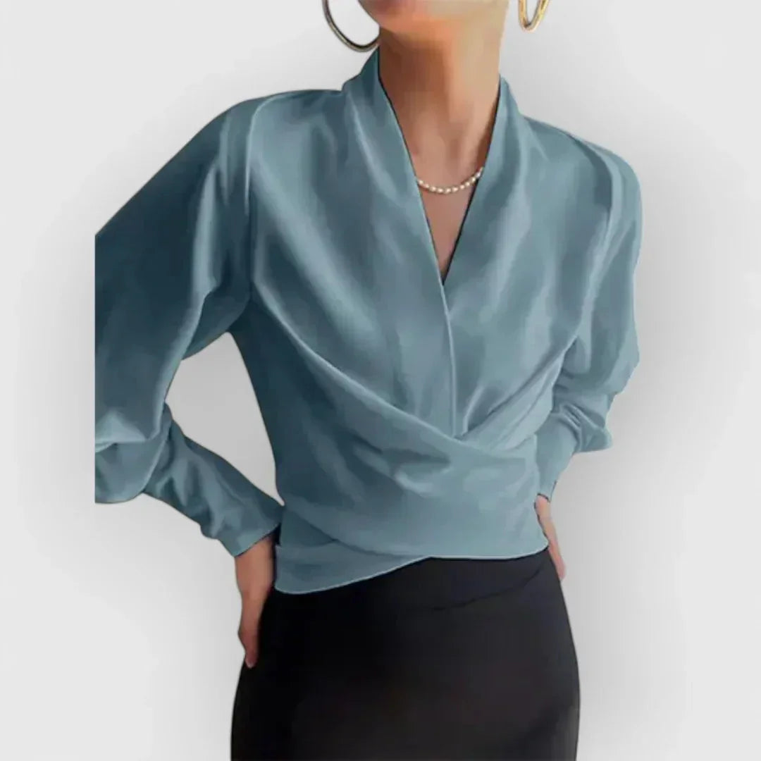 Chic women's long sleeve wrap blouse. Elegant office wear or stylish casual top for spring/fall fashion.