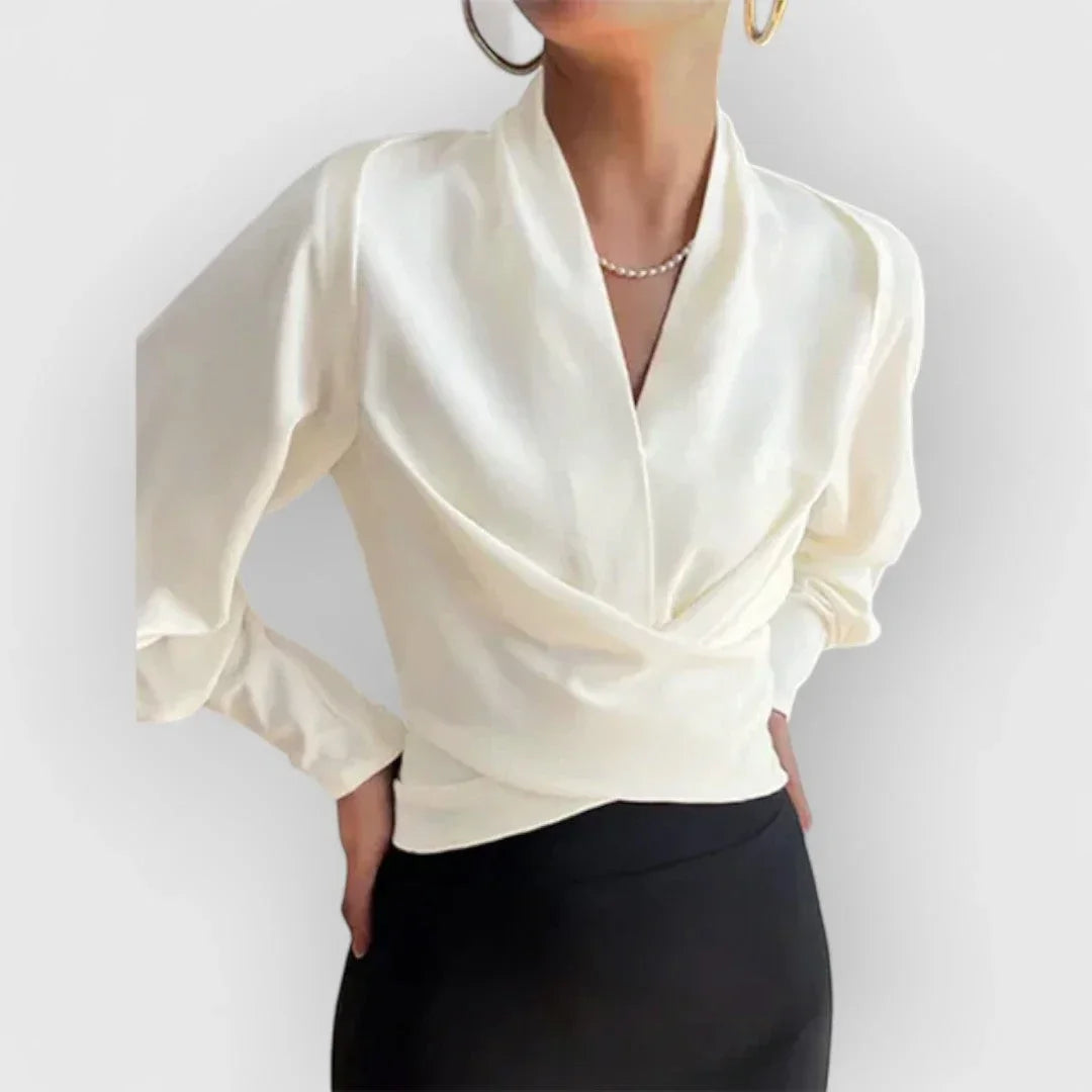 Fashionable women's elegant wrap top. Versatile long sleeve blouse, ideal for spring or fall office & casual outfits.