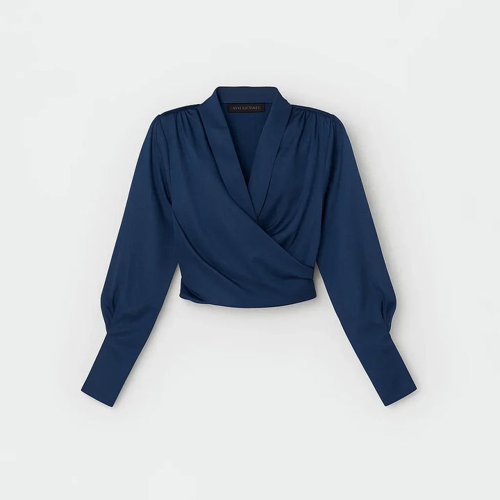 Elegant women's long sleeve wrap blouse. Chic and versatile top, perfect for professional office wear or casual outings.