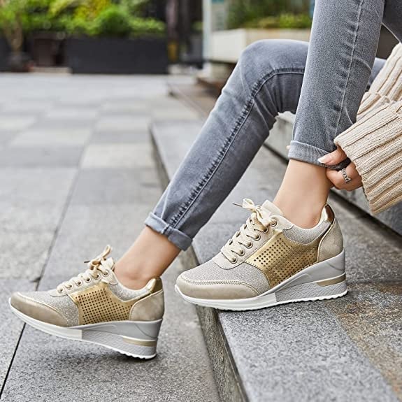 New women's fashion sneakers, a comfortable elevated wedge design in beige, perfect for stylish casual wear.