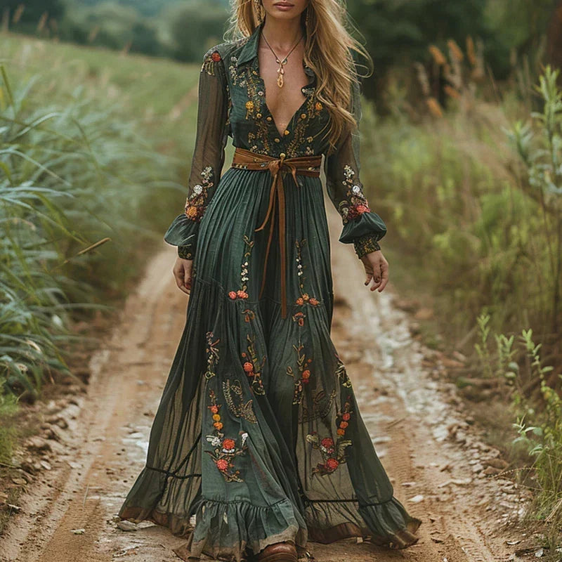 Women's embroidered boho maxi dress with elegant sheer sleeves, perfect for summer evenings & parties.