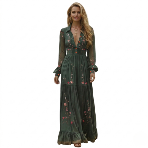 Women's embroidered boho maxi dress with long sleeves, featuring a flowing bohemian style for elegant wear.