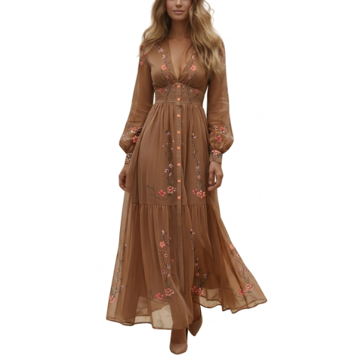 Tiered button-down long sleeve boho maxi dress with vibrant floral embroidery, a casual yet chic women's fashion.