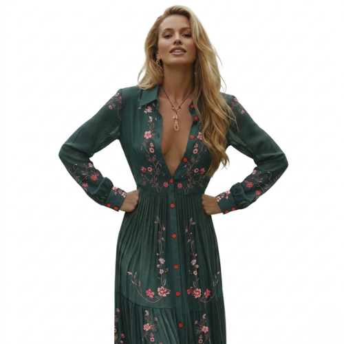 Bohemian style long sleeve maxi dress for women, showcasing intricate floral embroidery & a tiered design.