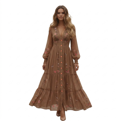 Comfortable & flowy women's embroidered maxi dress with long sleeves, versatile for elegant or casual occasions.