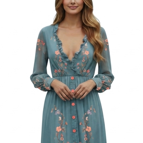Chic long sleeve women's maxi dress in bohemian style, featuring delicate floral embroidery and a button-down front.