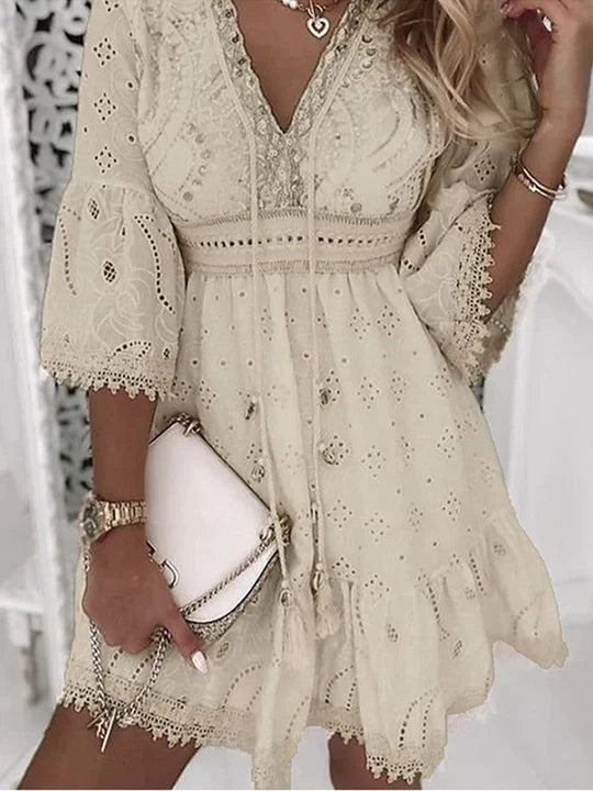 Bohemian style embroidered summer dress, perfect for beachwear, festival outfits, or effortless vacation fashion.