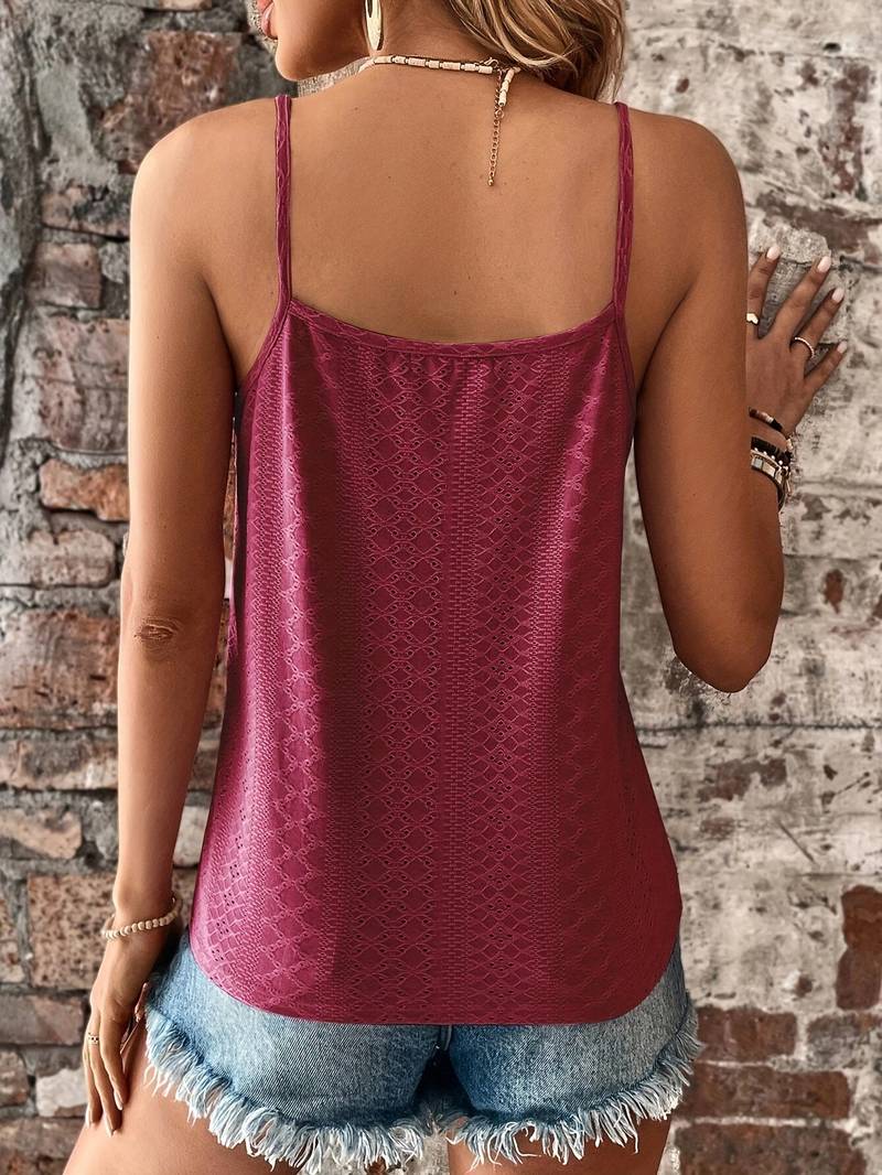 Casual chic V-neck tank top for women, embroidered and lace-trimmed, versatile everyday wear.