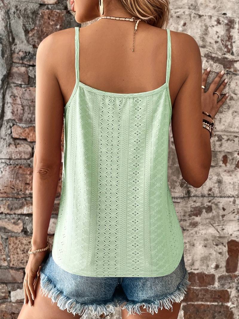 Textured V-neck women's tank with elegant lace and embroidery details, sleeveless design.