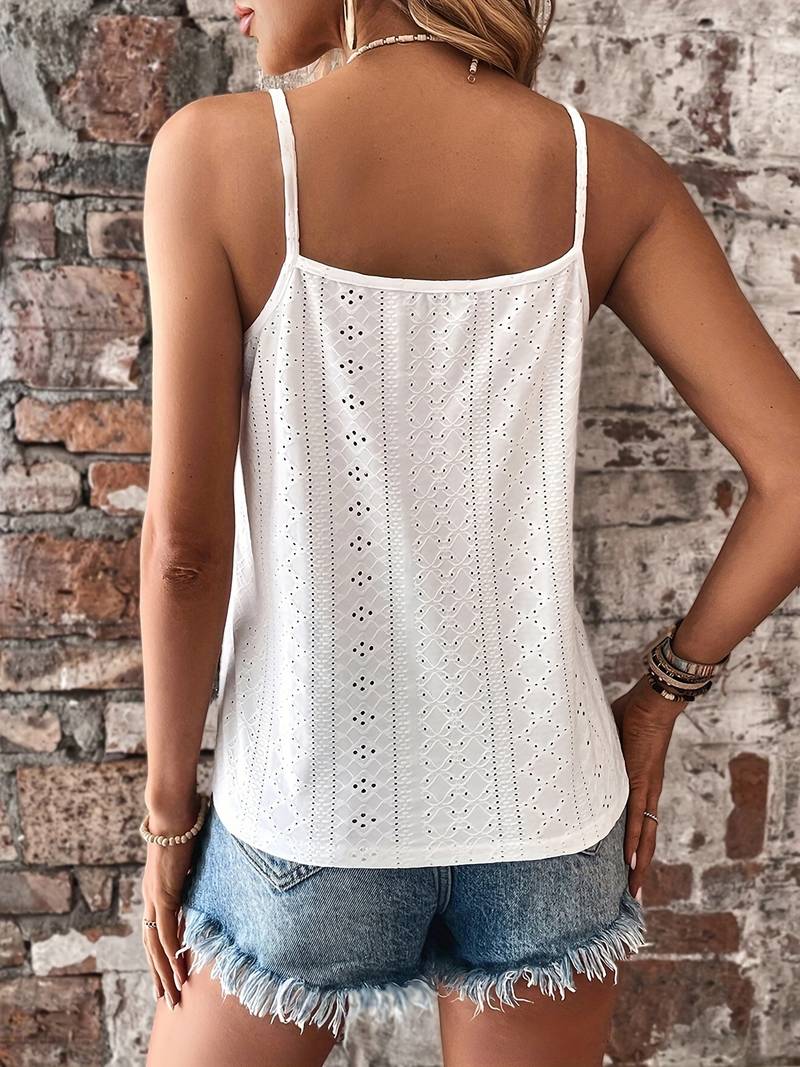Embroidered women's tank top, V-neck, lace trim, textured finish, perfect for summer wear.