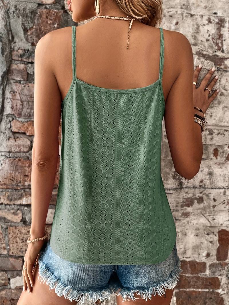 Textured women's V-neck tank, embroidered & lace trim, chic summer fashion blouse.