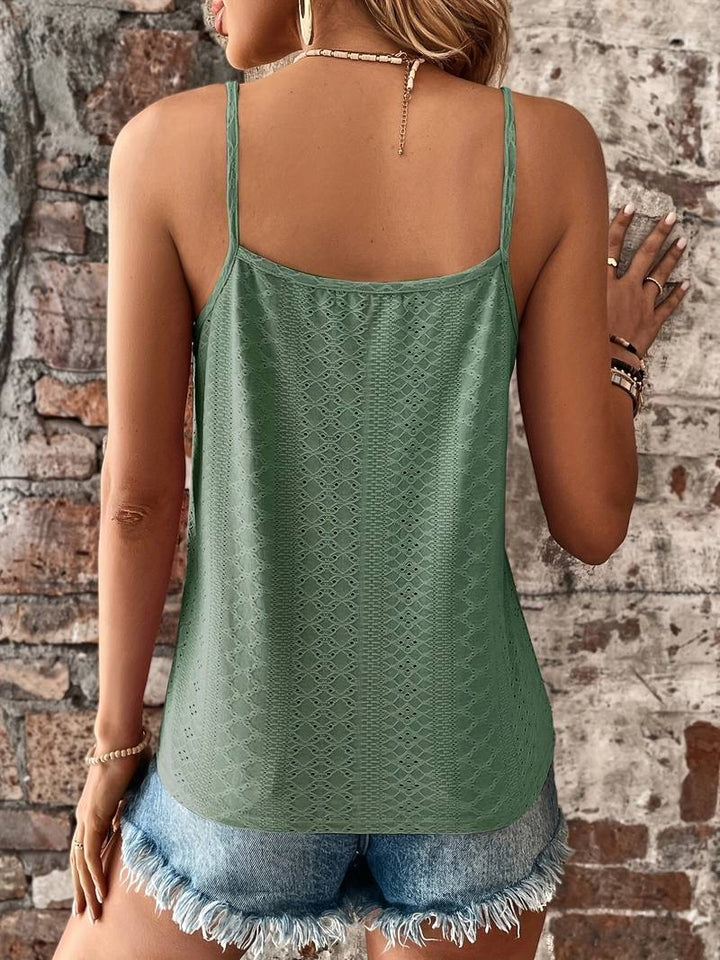 Textured women's V-neck tank, embroidered & lace trim, chic summer fashion blouse.