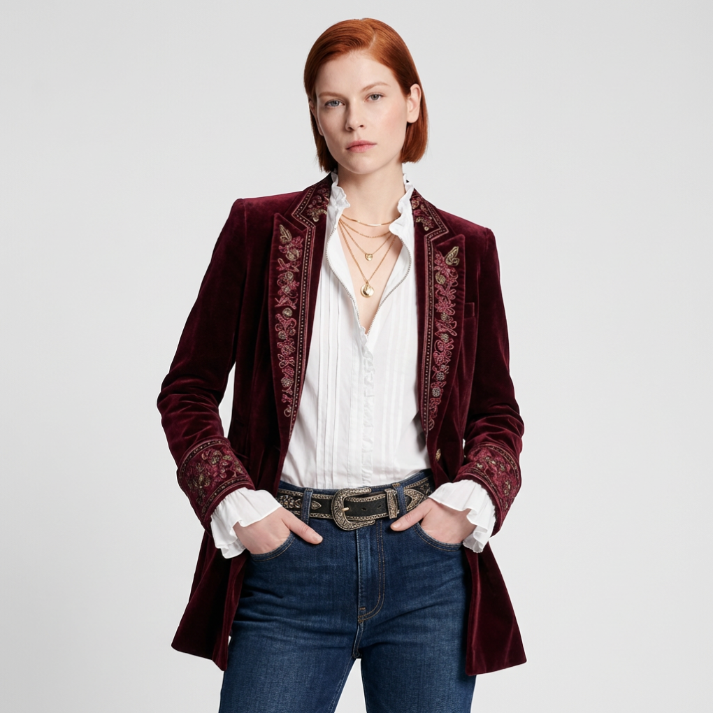 Women's embroidered longline blazer jacket, elegant outerwear for formal and smart casual fashion.