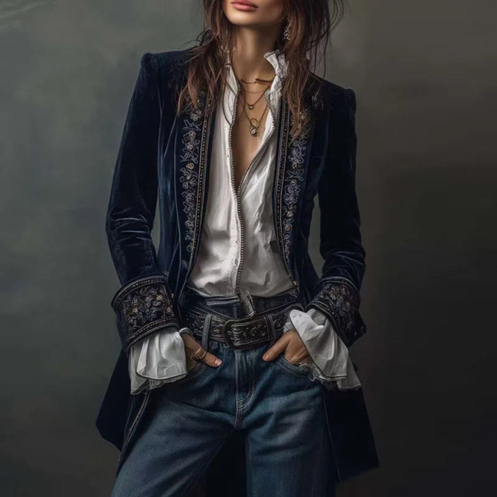 Elegant women's longline blazer with intricate embroidery, a vintage-style formal jacket for fashion.