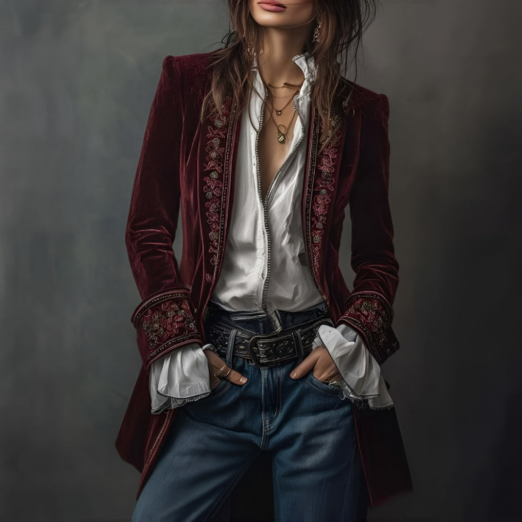Fashionable women's longline embroidered jacket, perfect smart casual or formal blazer outerwear.