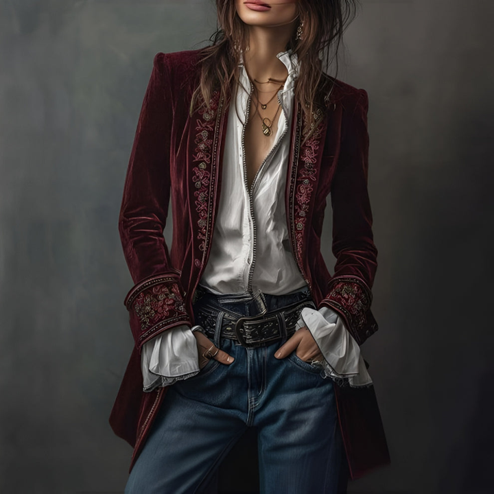 Fashionable women's longline embroidered jacket, perfect smart casual or formal blazer outerwear.