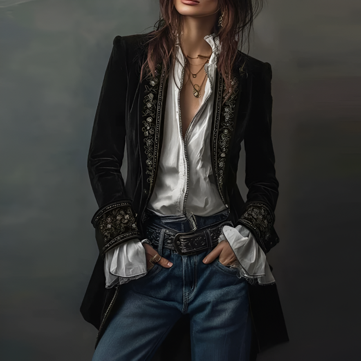 Close-up of embroidered detail on a women's vintage-style longline blazer jacket, elegant fashion.