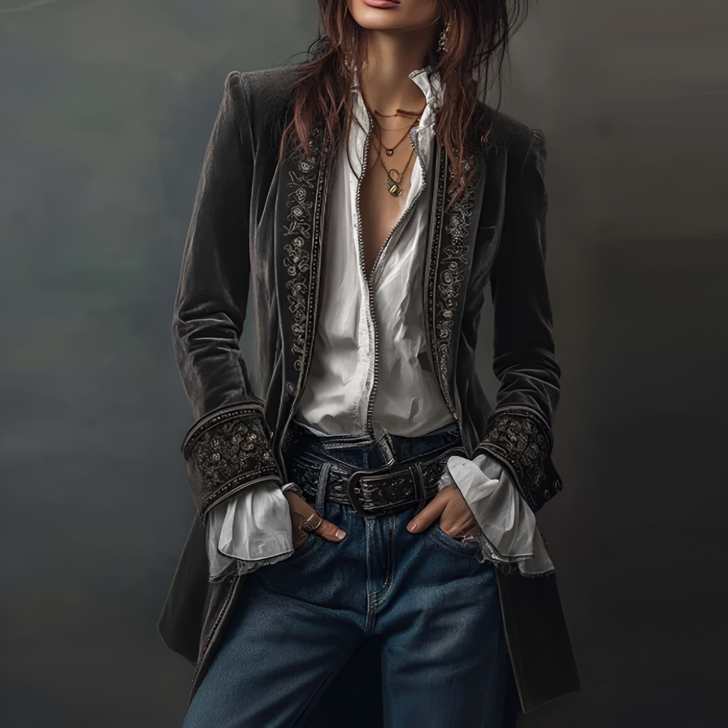 Model wearing a women's embroidered longline blazer jacket, an elegant vintage-style formal outerwear piece.