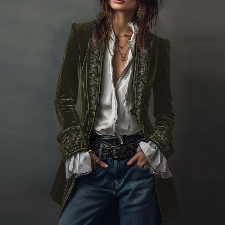 Chic women's embroidered longline blazer jacket, a modern take on vintage formal and smart casual fashion.