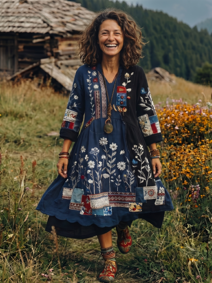 Women's embroidered panel long sleeve midi dress with mixed patterns, relaxed fit.