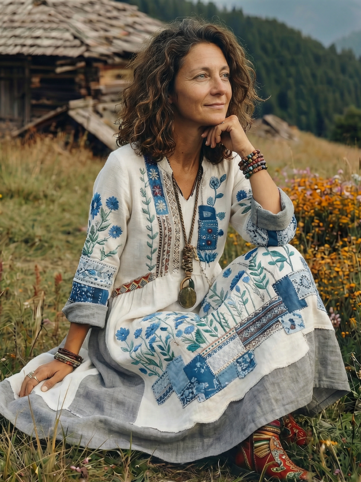 Women's comfortable long sleeve midi dress, embroidered panel design, mixed patterns for casual style.