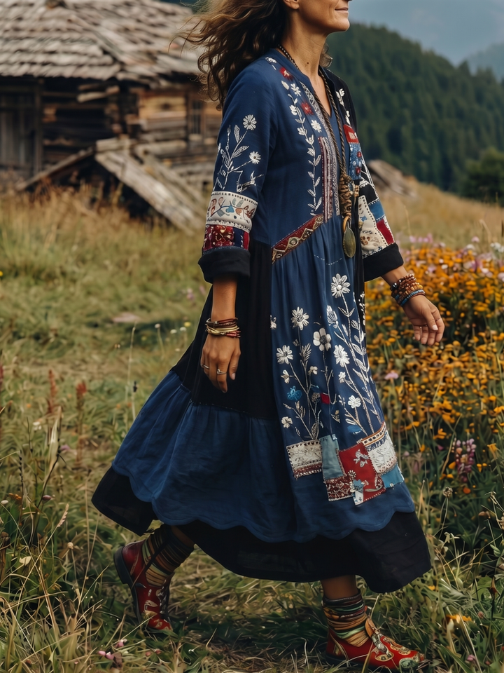 Stylish women's midi dress, long sleeve, features embroidered panels & mixed print.