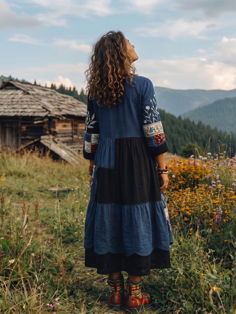 Unique women's long sleeve midi dress, embroidered details, mixed patterns on panel design.