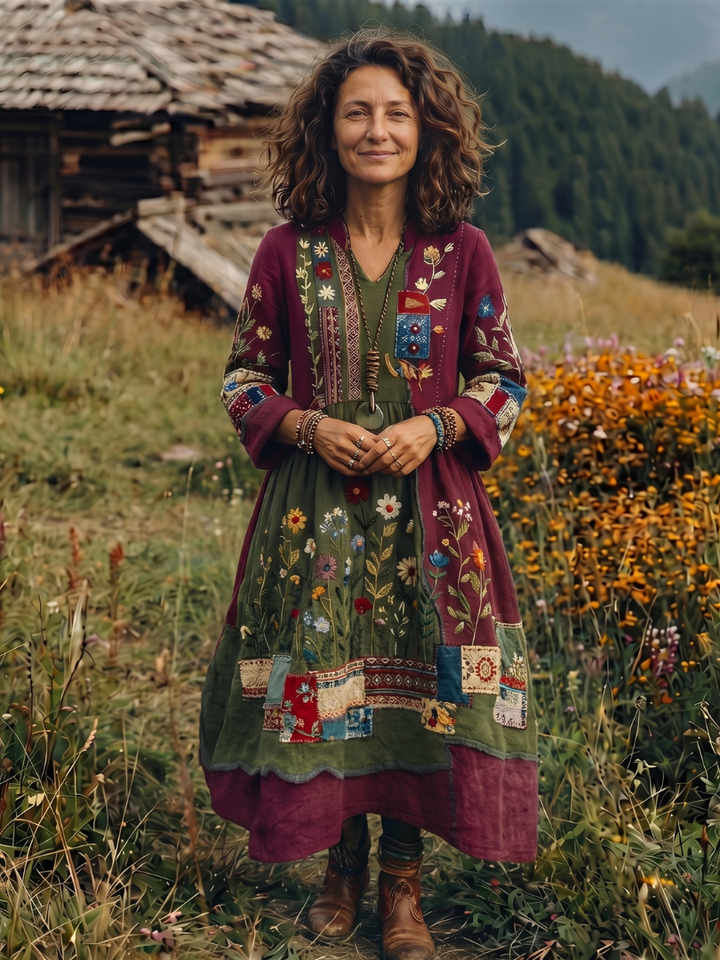 Fashionable women's long sleeve midi dress, unique embroidered panel design, mixed patterns.