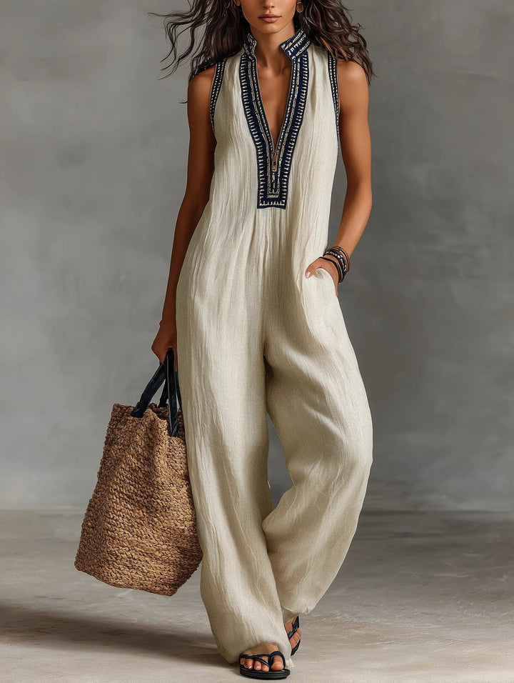 Women's embroidered sleeveless wide-leg jumpsuit, stand collar, perfect for summer casual chic.