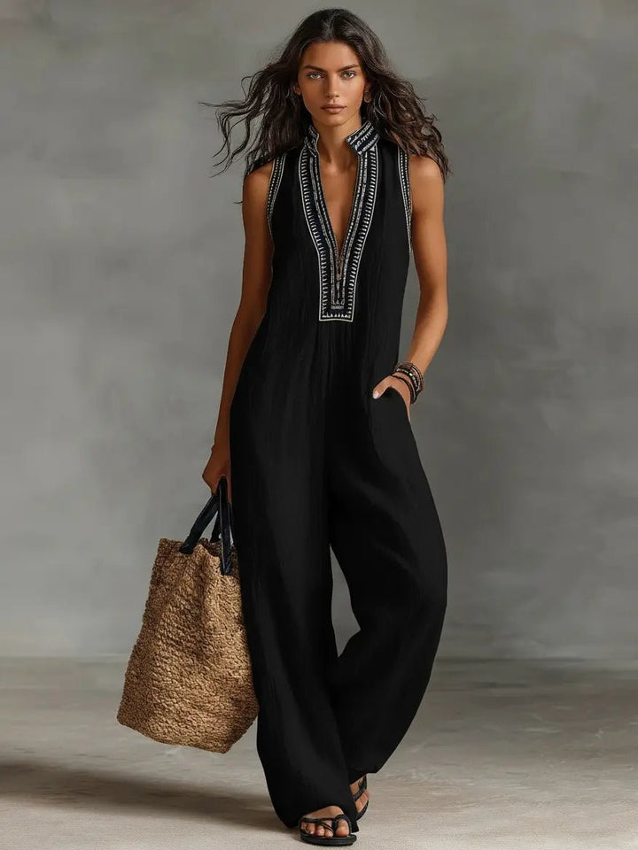 Stylish women's wide-leg jumpsuit, sleeveless design with a stand collar and beautiful embroidery.