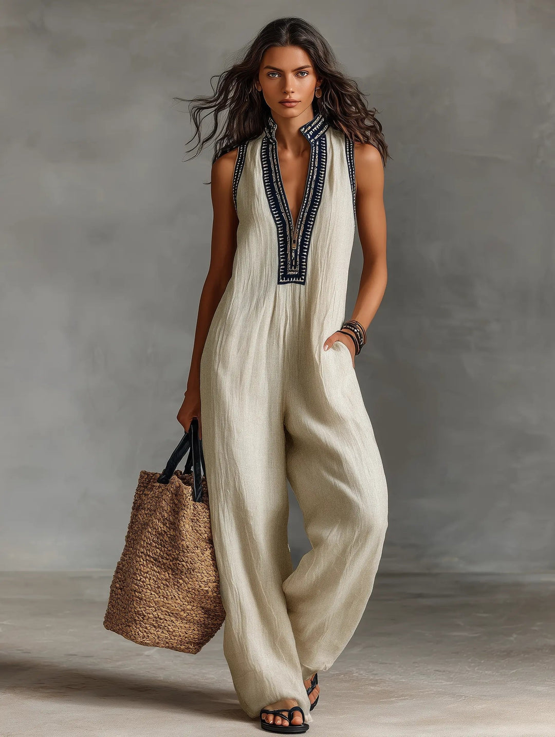 On-trend women's one-piece outfit: sleeveless wide-leg jumpsuit with intricate embroidery details.