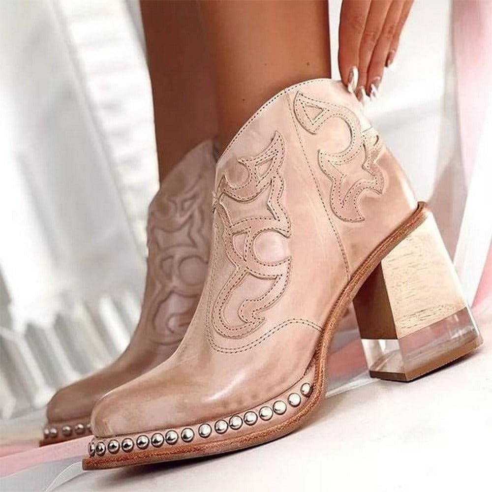 Women's embroidered western ankle boots with stylish block heel, versatile fashion footwear for any occasion.
