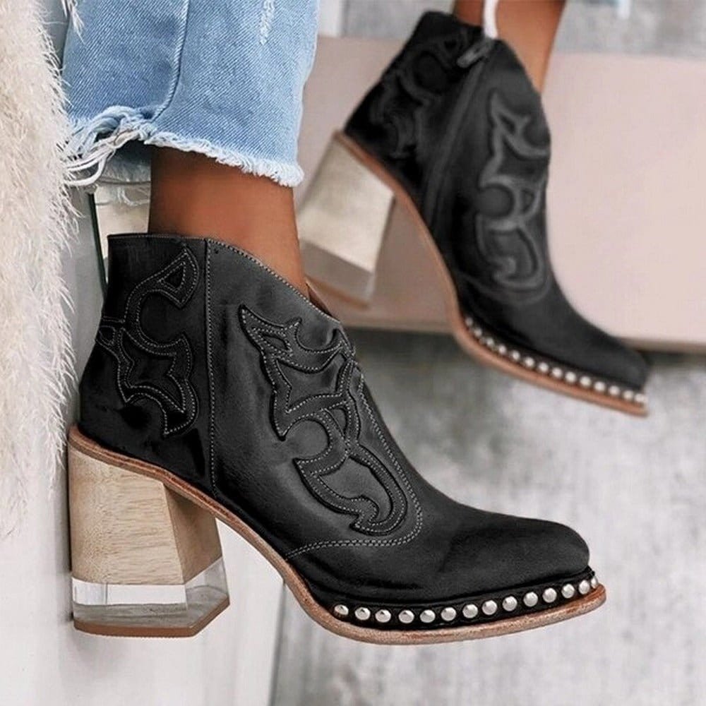 Pink embroidered women's western ankle boots featuring a comfortable block heel, ideal for festivals.