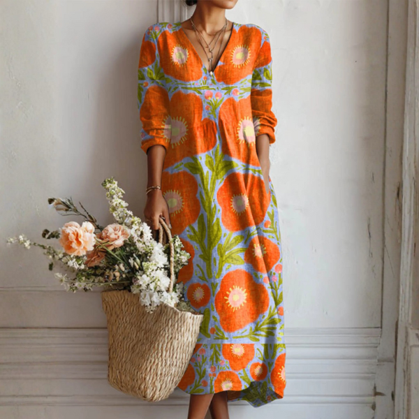 Women's Enchanted Floral Print Maxi Dress with long sleeves, elegant abstract pattern, perfect for summer boho vintage style.