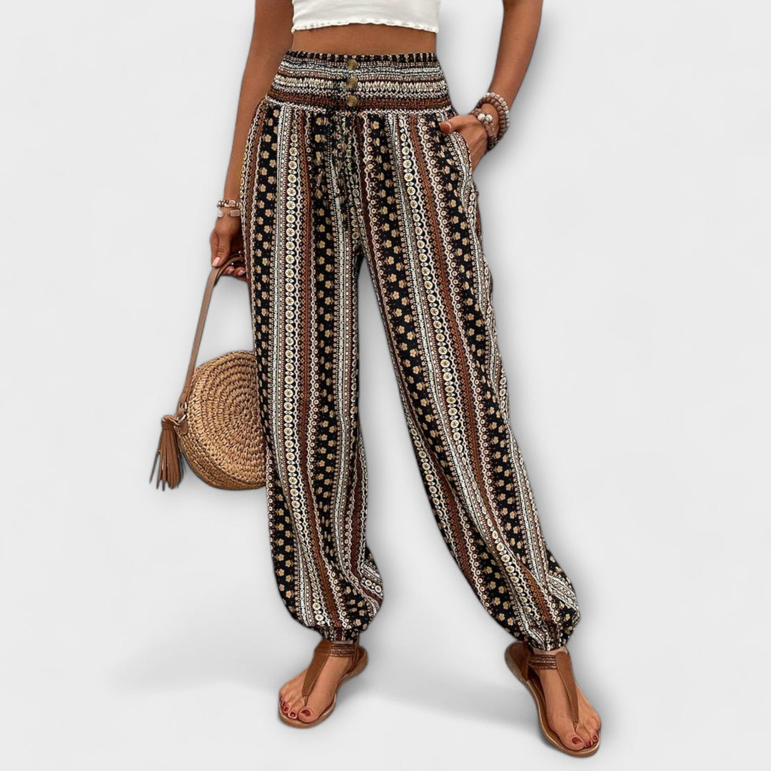 Women's ethnic graphic trousers. Stylish & comfortable fashion pants with a unique bohemian print.