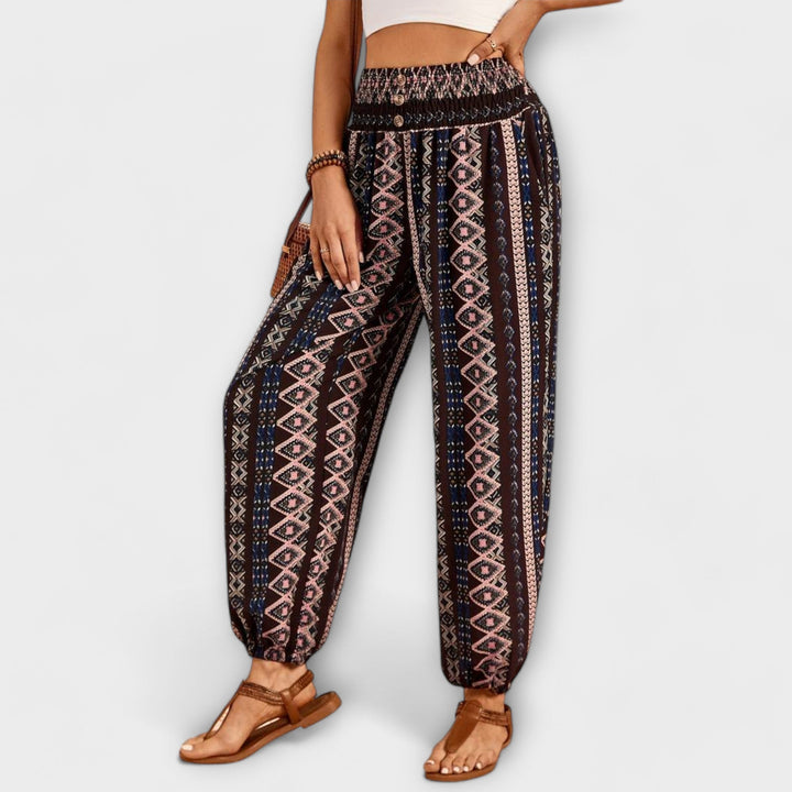Statement piece: Women's ethnic graphic trousers with a distinct bohemian flair.