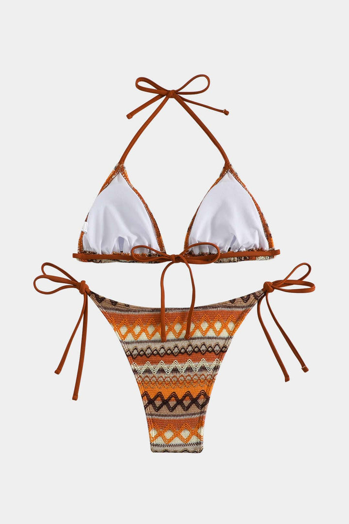 Adjustable triangle bikini set for women. Multicolor ethnic pattern swimwear, ideal for resort wear and beach outings.