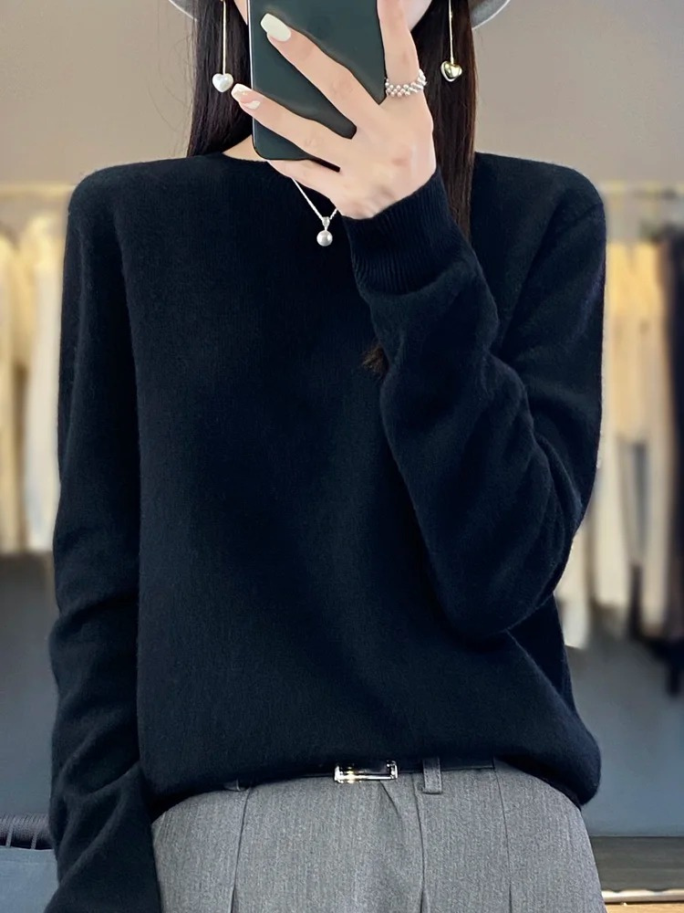 Front view of women's everyday elegance round neck sweater, versatile, comfortable, and stylish.