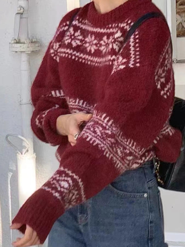 Women's Fair Isle relaxed fit pullover sweater. Cozy knit for autumn and winter style.
