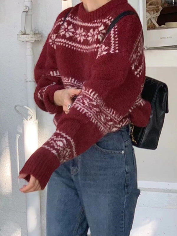 Stylish women's Fair Isle sweater, a warm, relaxed fit long-sleeve top for cozy winter fashion.