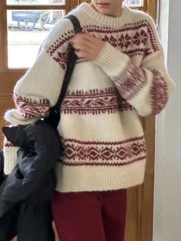 Cozy women's Fair Isle pullover for autumn fashion. Relaxed fit, long sleeve & warm for winter style.