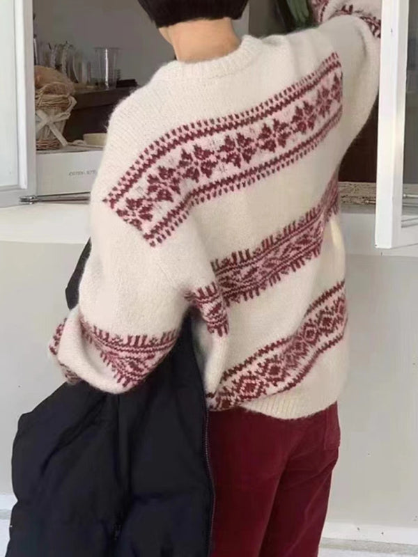 Fair Isle women's relaxed fit sweater, a comfortable long-sleeve pullover for casual autumn wear.